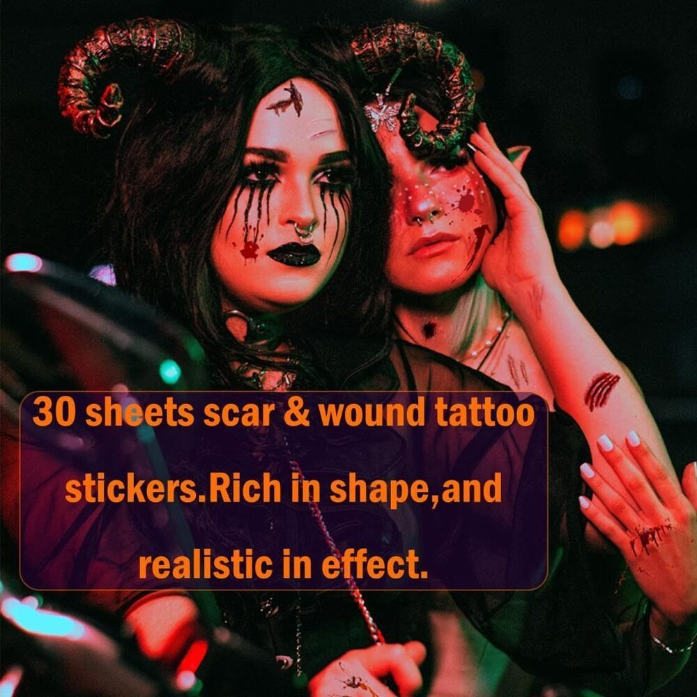 5654 3Pcs Halloween Knife Headbands + 30Pcs Scar Temporary Tattoos,Haunted - Picture 4 of 7